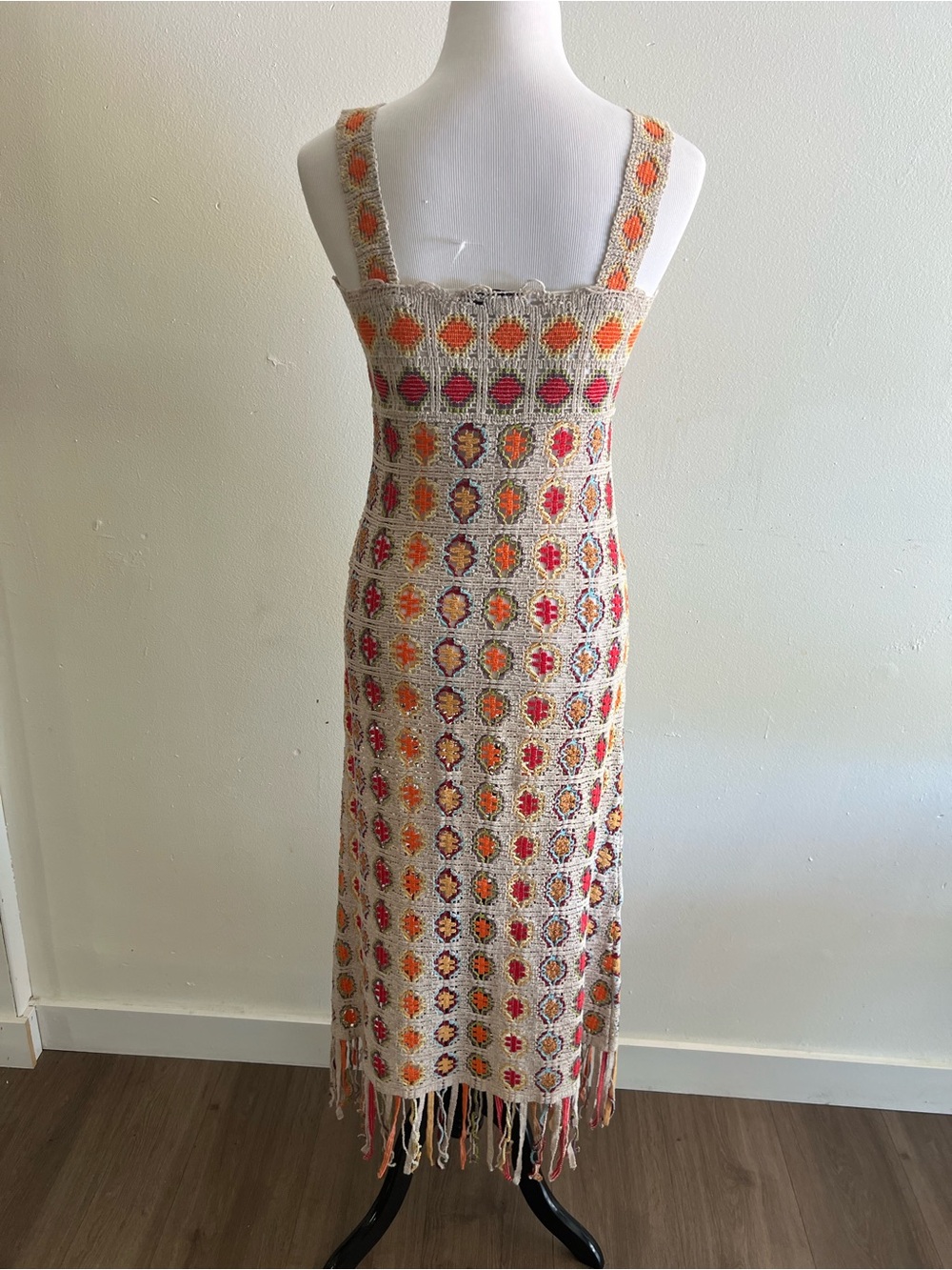Zara Crochet Maxi Dress in Cream with Orange and Pink Accents - Picture 4 of 5